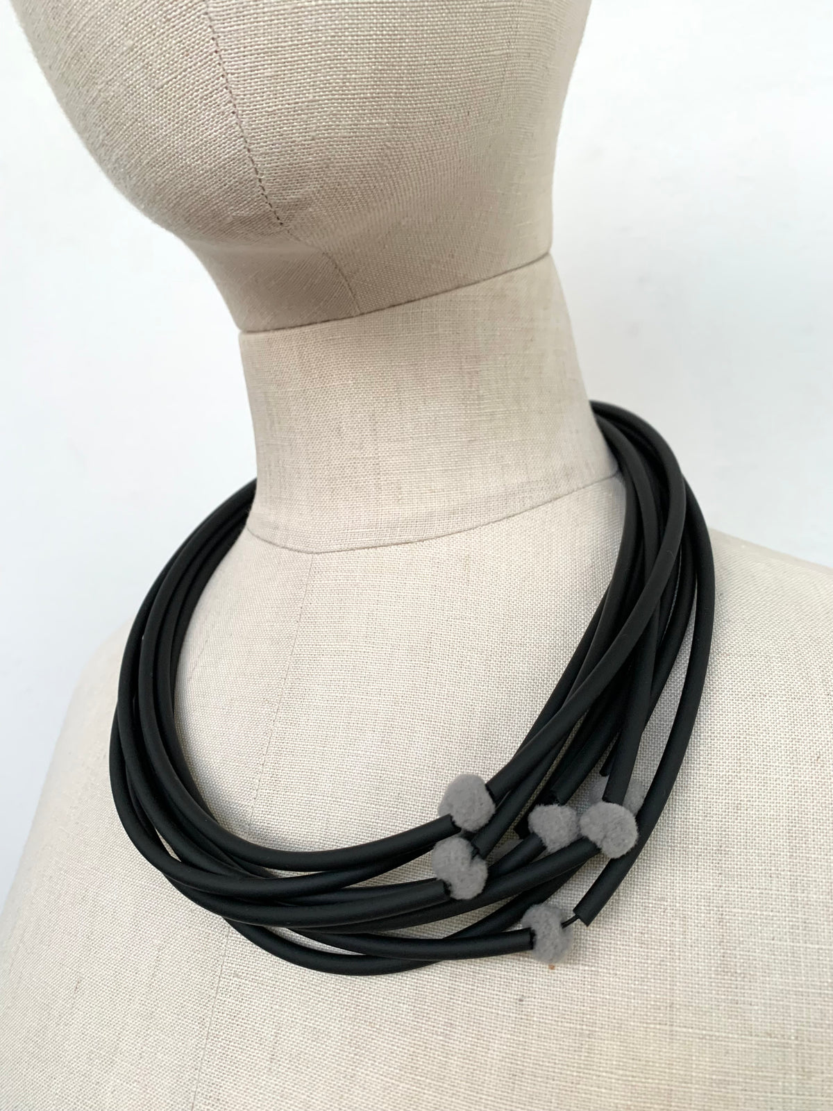 Grey Pon Pon Black Necklace