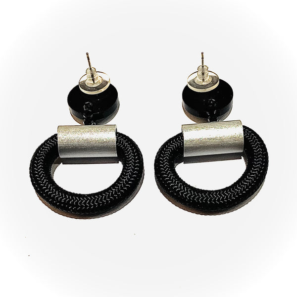 CB455 - Donut Cord Hanging Earring in Black/ Silver