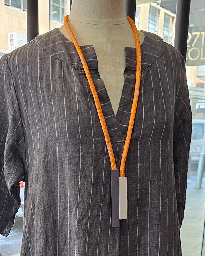 CB395 - Linear Bar Pendant Necklace, Grey/Silver/Orangecord