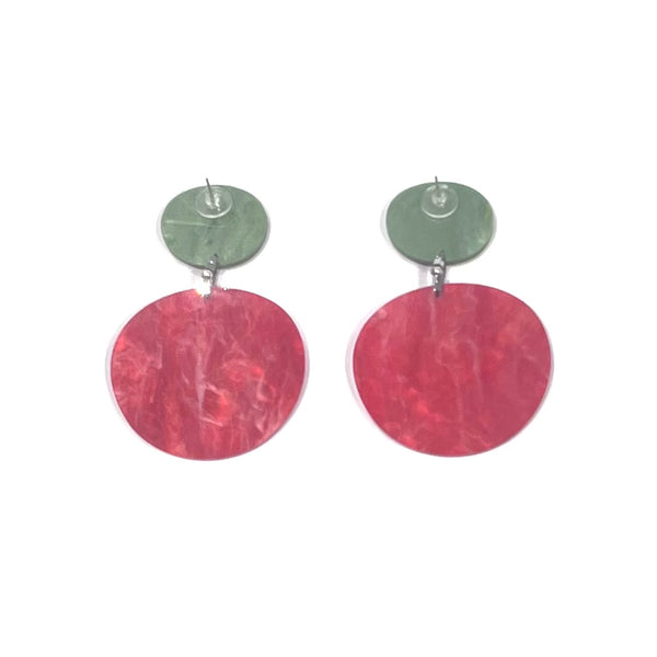 CB257- Green with Orange Marble Drop Disc Earrings