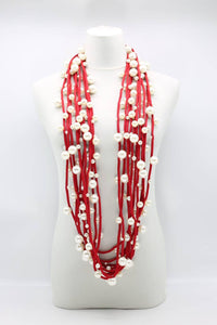 Faux White Pearls on Red Cord Necklace