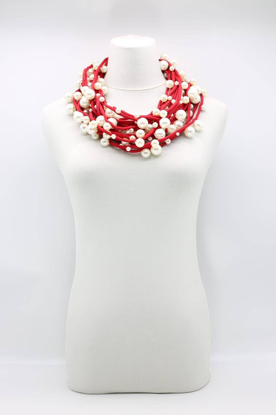 Faux White Pearls on Red Cord Necklace