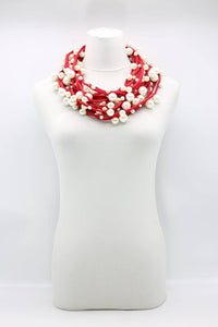 Faux White Pearls on Red Cord Necklace