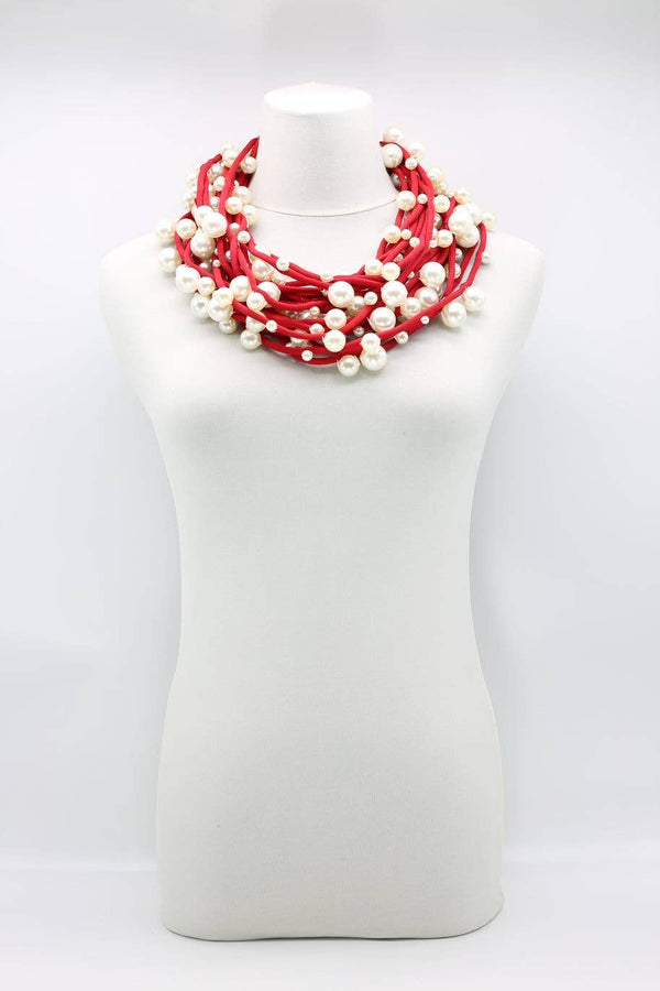 Faux White Pearls on Red Cord Necklace