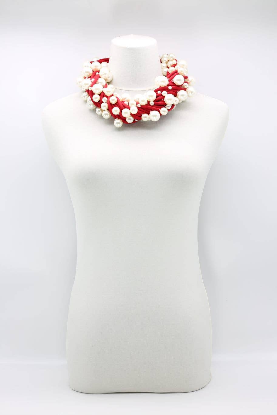 Faux White Pearls on Red Cord Necklace