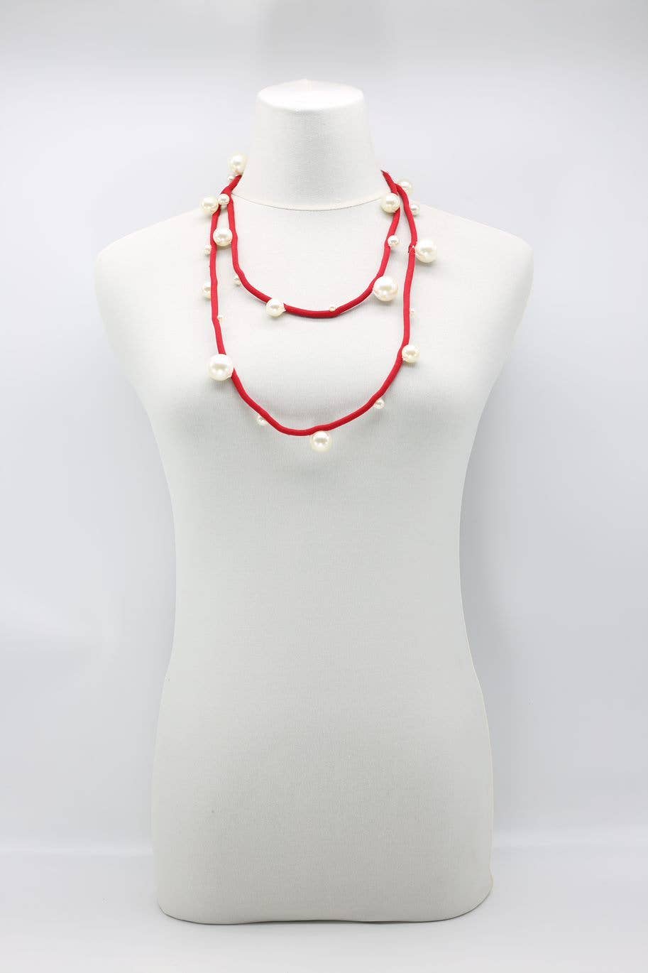 Faux White Pearls on Red Cord Necklace