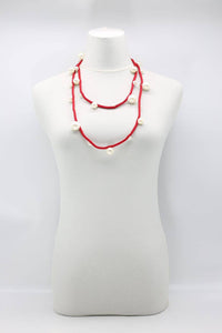 Faux White Pearls on Red Cord Necklace