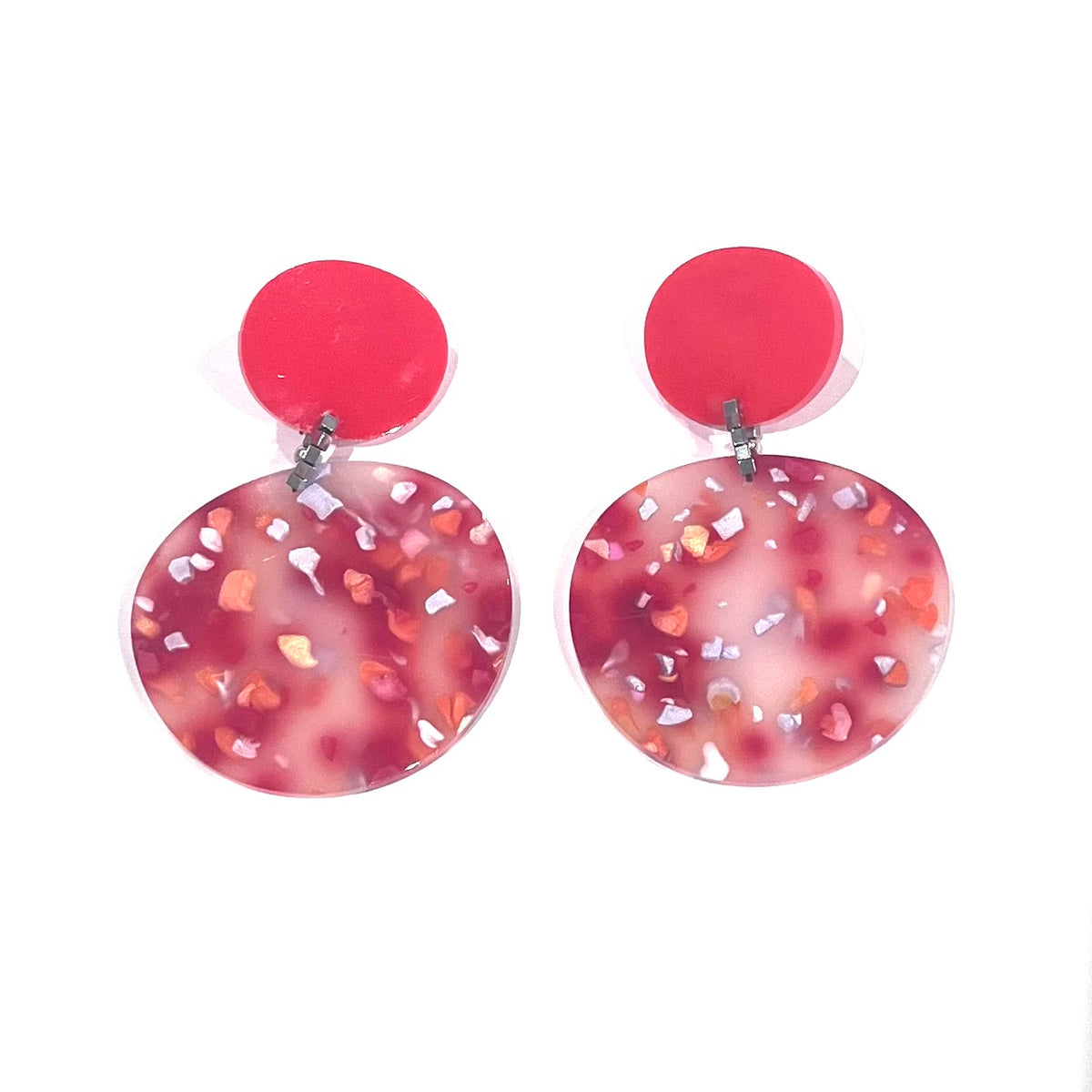 CB257-Red with Orange Marble Drop Disc Earrings