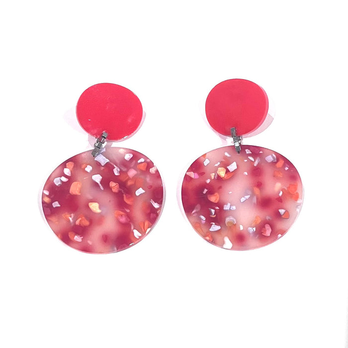CB257-Red with Orange Marble Drop Disc Earrings