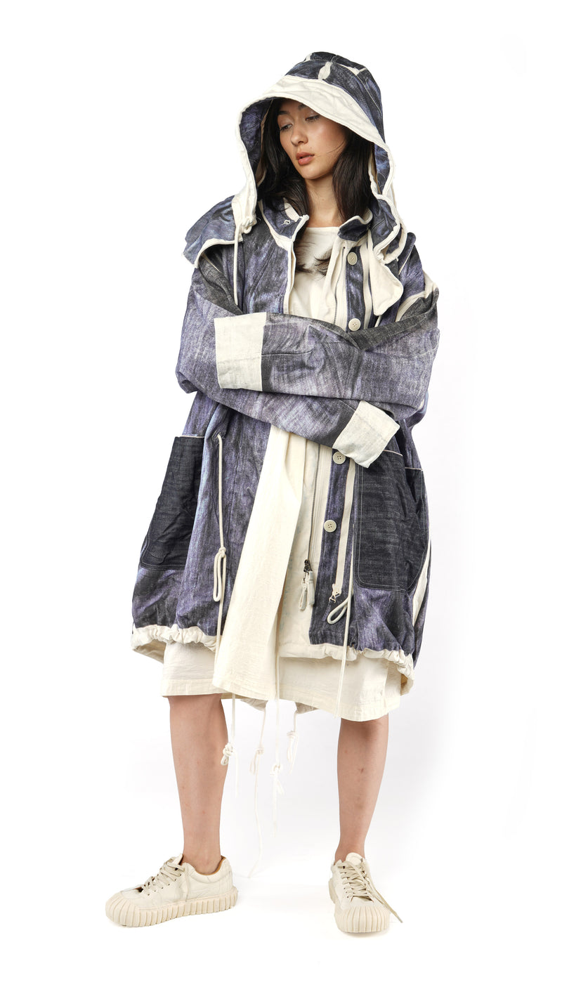 Denim Print Hood Coat