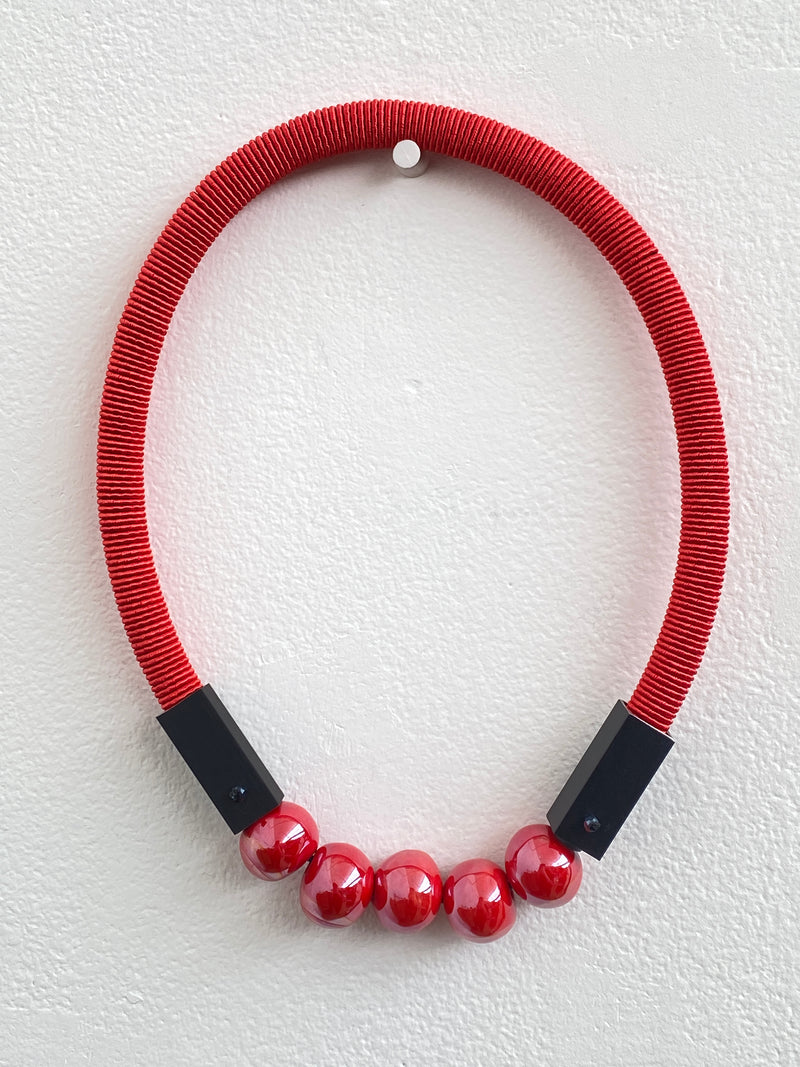 CB102 Red Cord Red Ceramic Pearl Necklace
