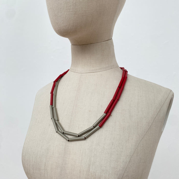 JC510 - Bi Colour Tube Necklace - Red / Greige
