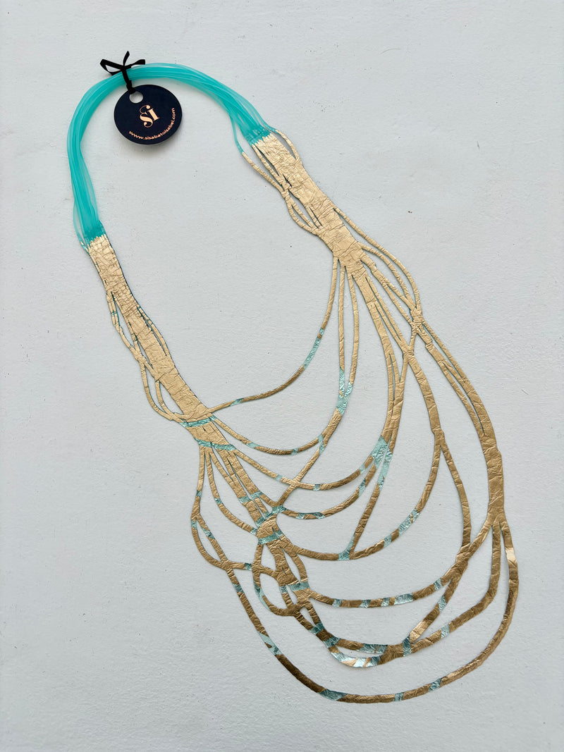 SI02 Multifilament Tangerine Aqua Gold Long Necklace