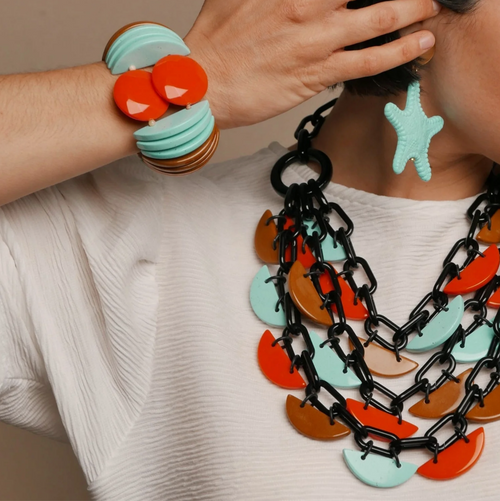 Canoes Necklace - Turquoise, Orange and Ochre