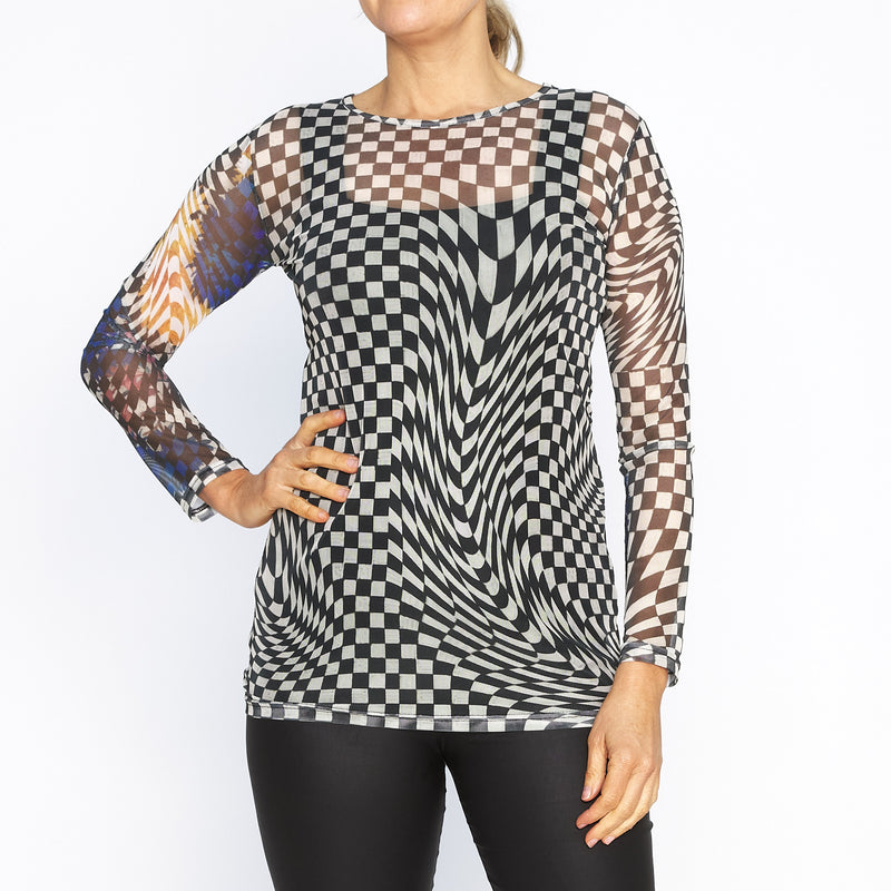 Black Check with Floral Sleeve Mesh Top
