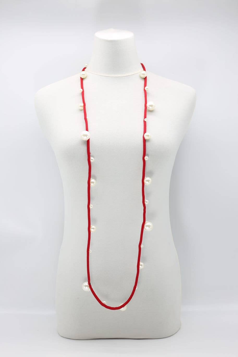 Faux White Pearls on Red Cord Necklace