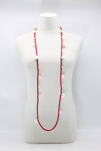 Faux White Pearls on Red Cord Necklace
