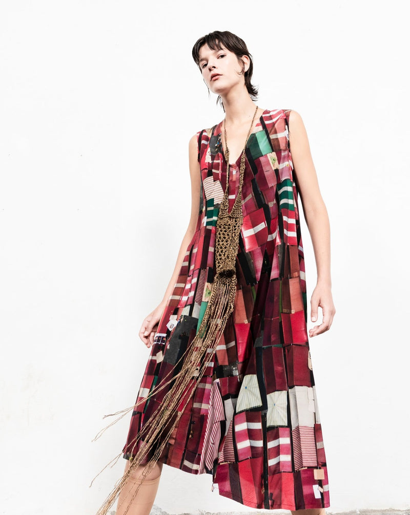 SER909 Print V-Neck Dress - Rosso