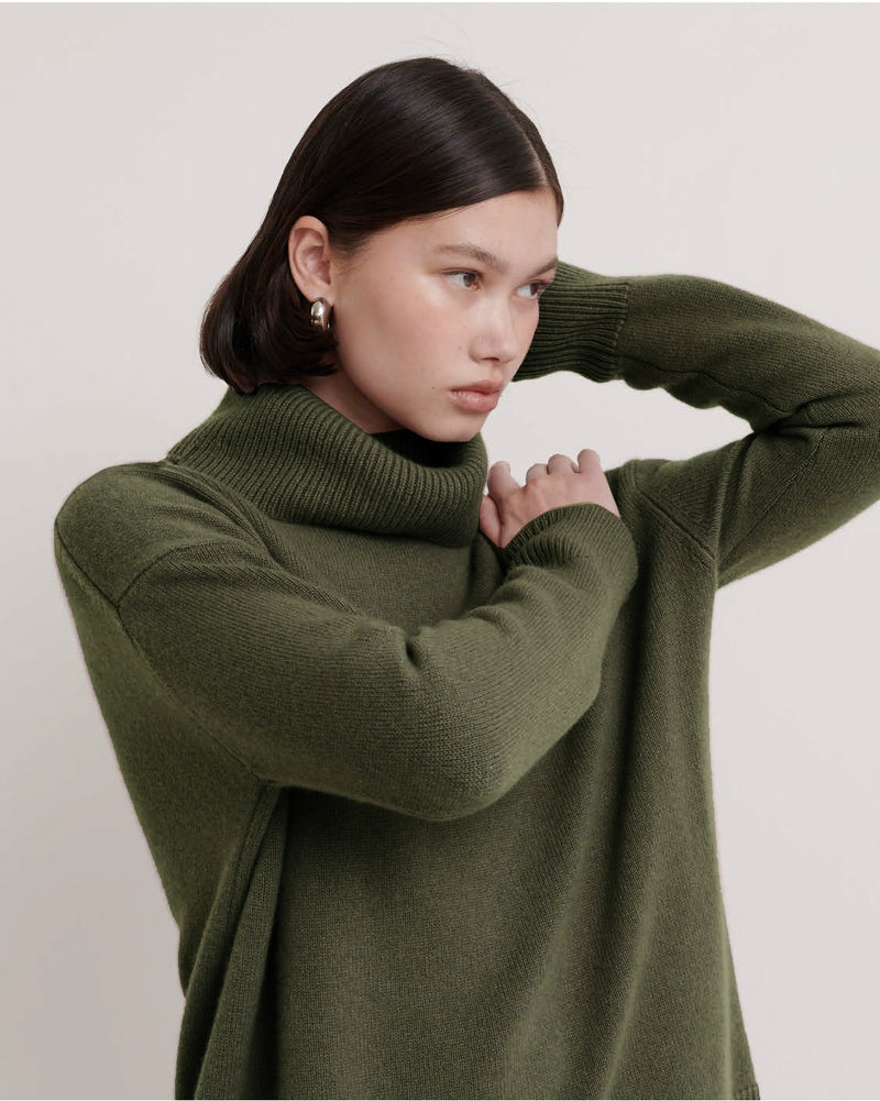 Roll Neck Relaxed Fit Pullover - Moss