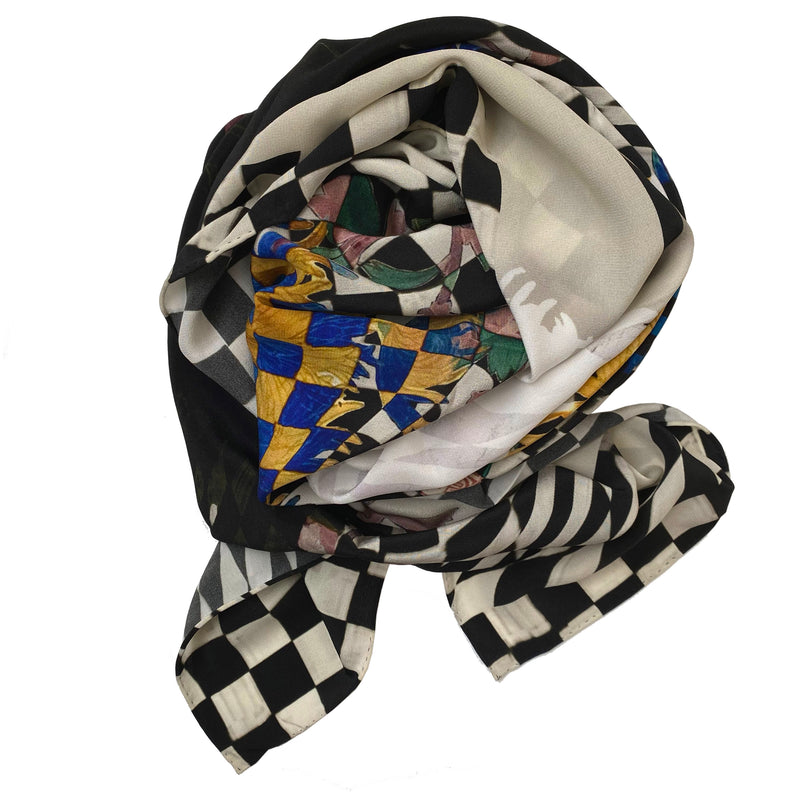 Black & White Check with Flowers Silk Scarf