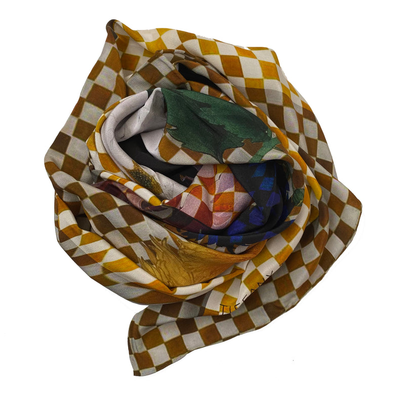 Caramel Check with Flowers Silk Scarf