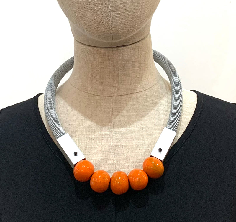 Christina Brampti, CB102 Silver Cord Orange (W) Ceramic Pearl Necklace - Tiffany Treloar