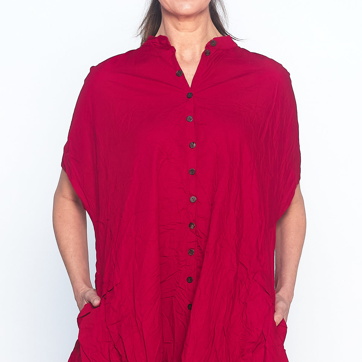 Red Crinkle Shirt Dress